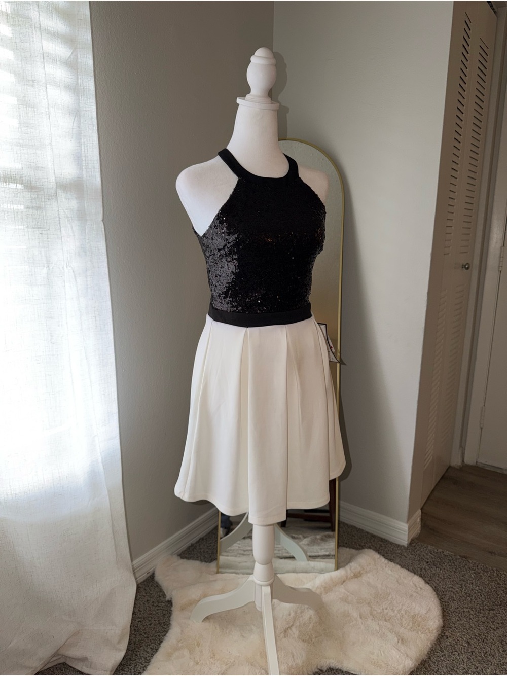 Macy's Black Sequin Halter Top with White Flared Skirt